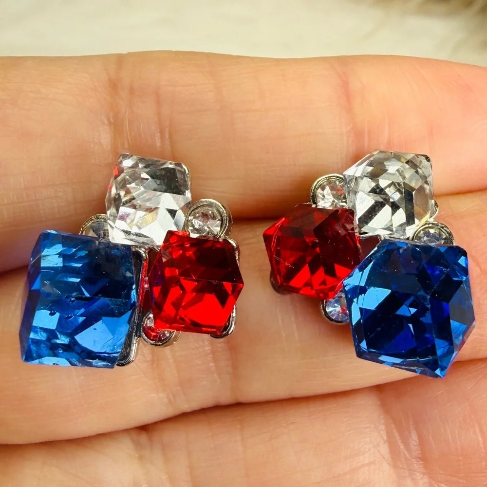 Custom, red, clear and blue pierced bling earrings